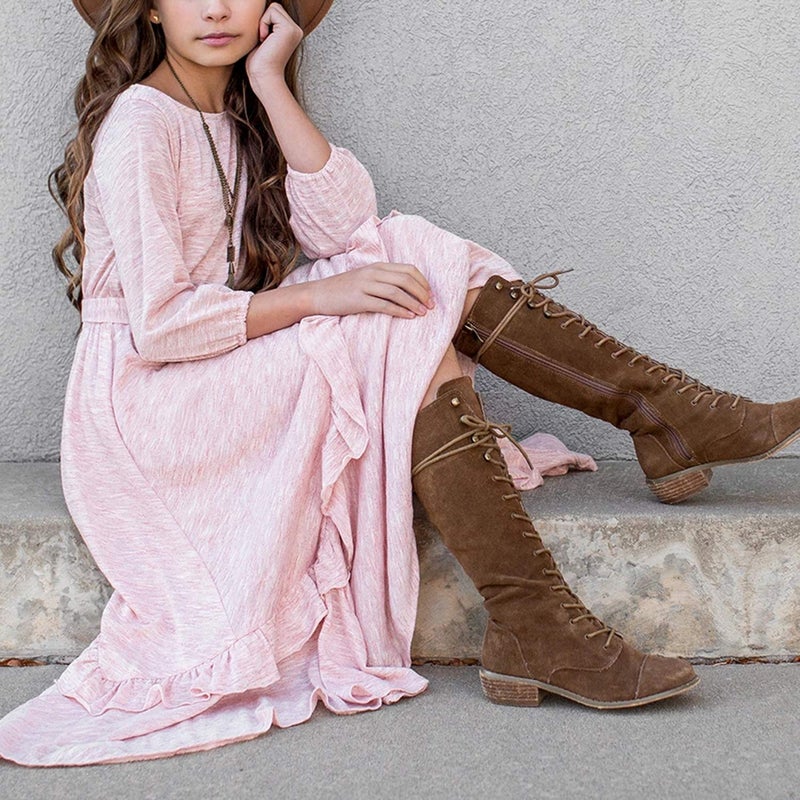 MITILLY Girls Loose Plain 3/4 Sleeve Casual Pocket Ruffle Swing Long Maxi Dress with Belt 12 Years Pink - Image 4